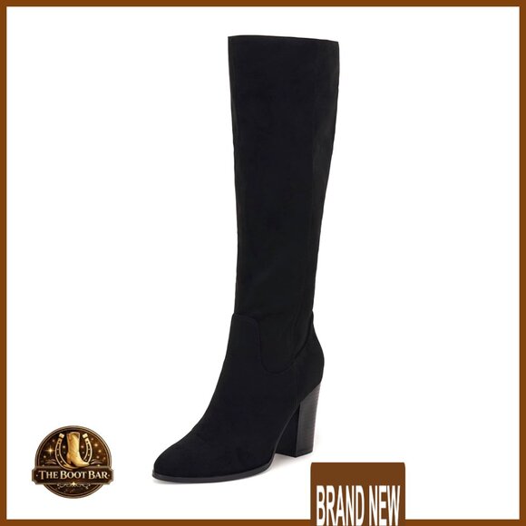 Faux Suede Knee High Boots Chunky Heel Side Zipper Winter Fashion